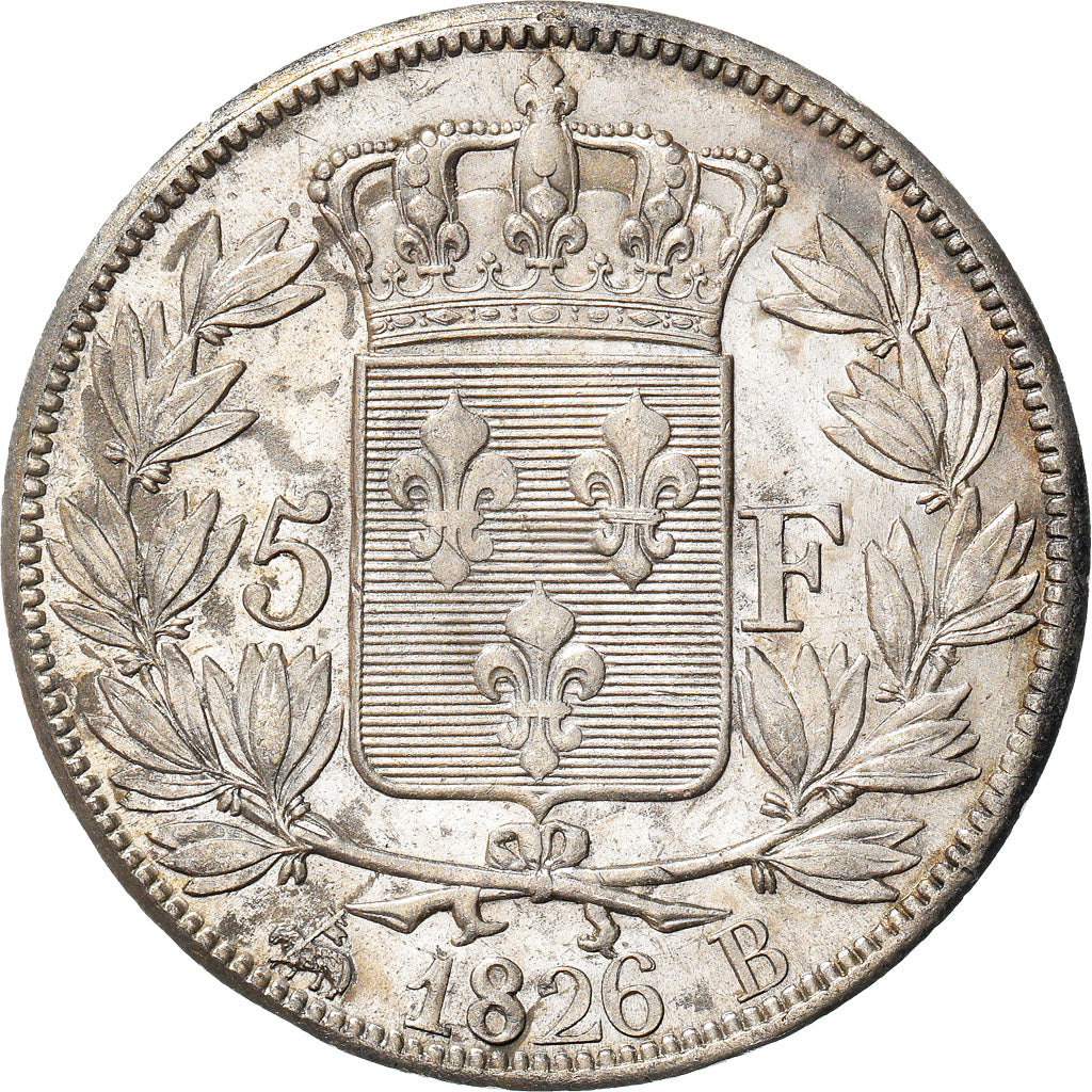 Moneda, Francia, Charles X, 5 Francs, 1826, Rouen, MBC+, Plata, KM:720.2