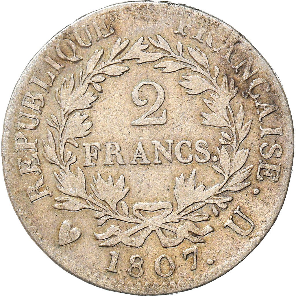 Moneta, Francja, Napoléon I, 2 Francs, 1807, Torino, VF(20-25), Srebro