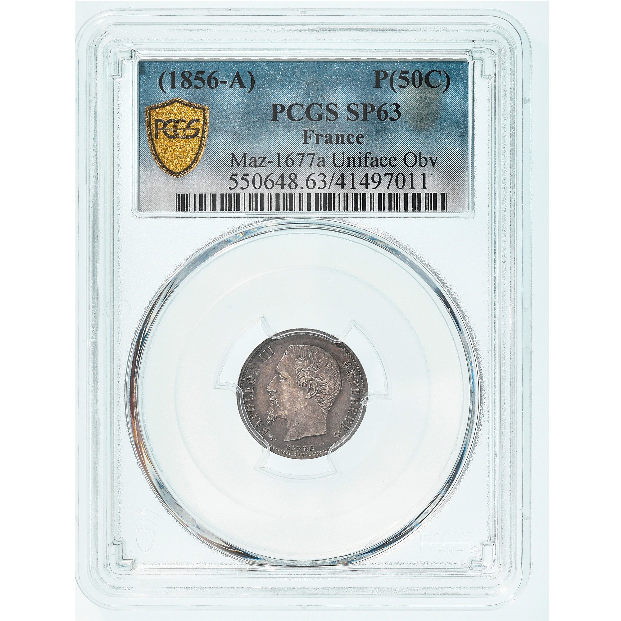 Münze, Frankreich, Napoleon III, Epreuve uniface d'avers, 50 Centimes, 1856