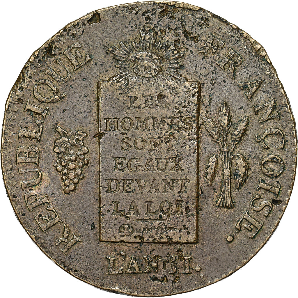 France, 2 sols aux balances daté, 1793 / AN II, Strasbourg, Bronze, AU(50-53)