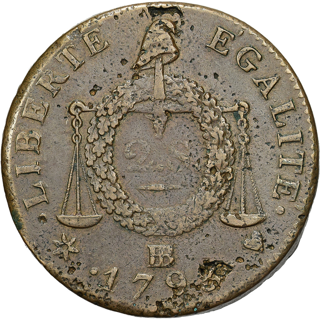 France, 2 sols aux balances daté, 1793 / AN II, Strasbourg, Bronze, AU(50-53)