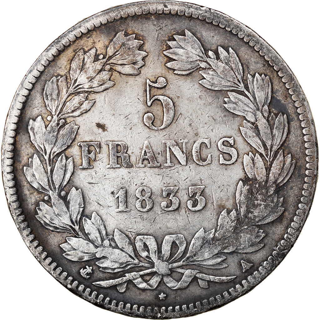 Moneta, Francia, Louis-Philippe, 5 Francs, 1833, Paris, MB, Argento, KM:749.1