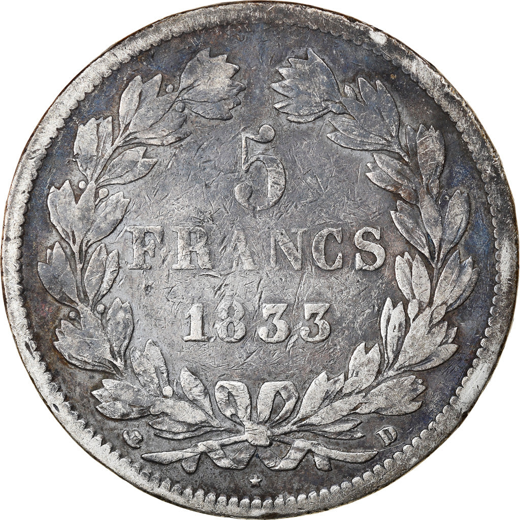 Coin, France, Louis-Philippe, 5 Francs, 1833, Lyon, VF(20-25), Silver, KM:749.4