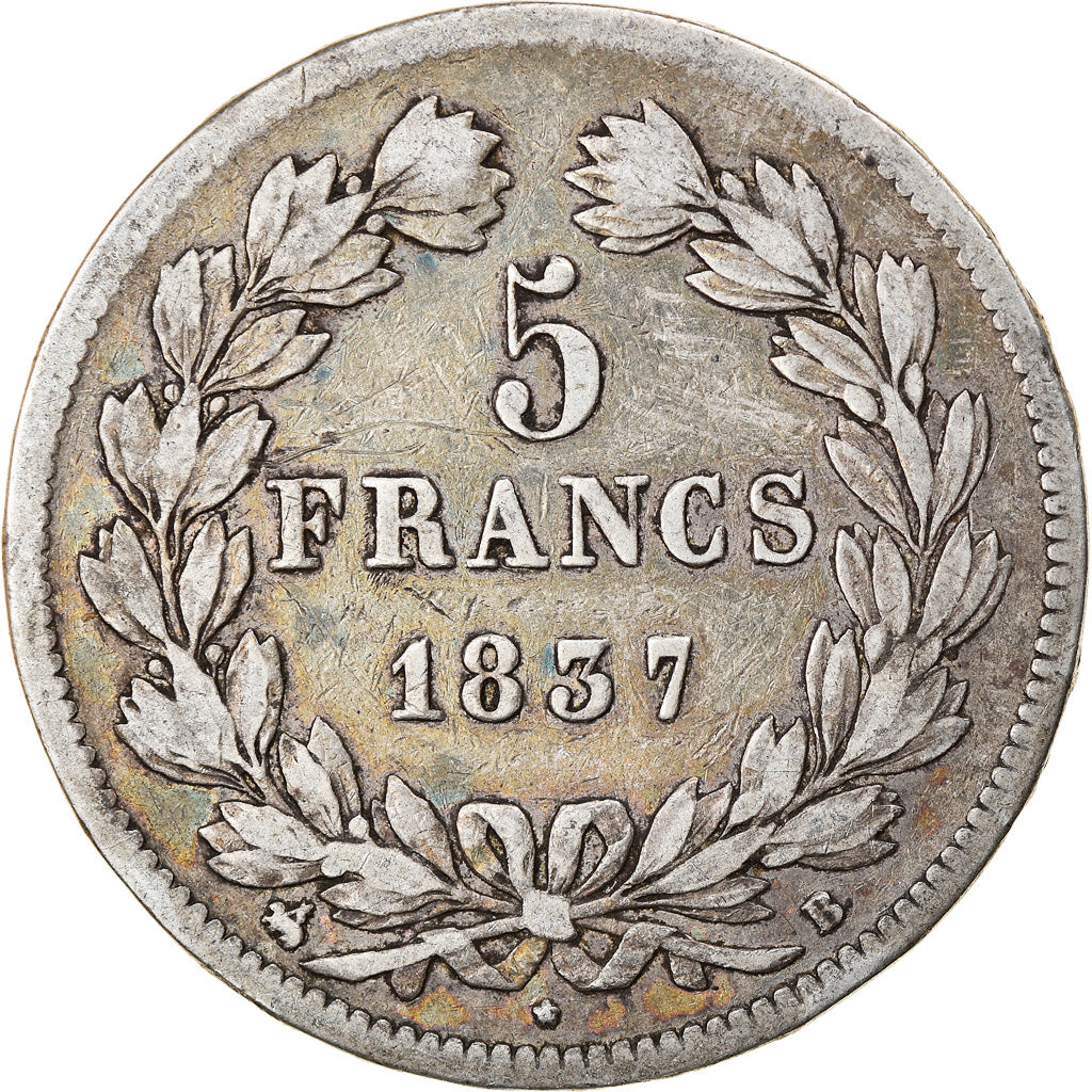 Coin, France, Louis-Philippe, 5 Francs, 1837, Rouen, VF(30-35), Silver
