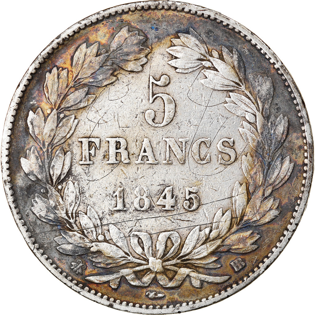 Moneta, Francia, Louis-Philippe, 5 Francs, 1845, Strasbourg, MB+, Argento