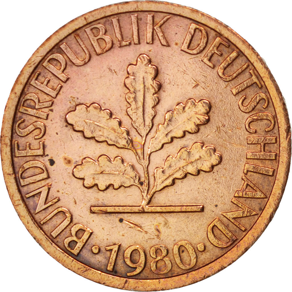 Coin, GERMANY - FEDERAL REPUBLIC, Pfennig, 1980, Munich, EF(40-45), Copper