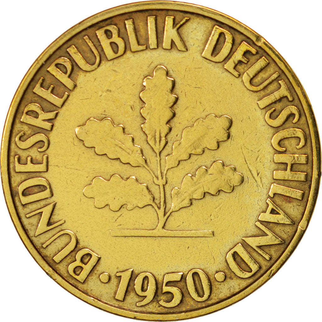 Coin, GERMANY - FEDERAL REPUBLIC, 10 Pfennig, 1950, Karlsruhe, EF(40-45), Brass