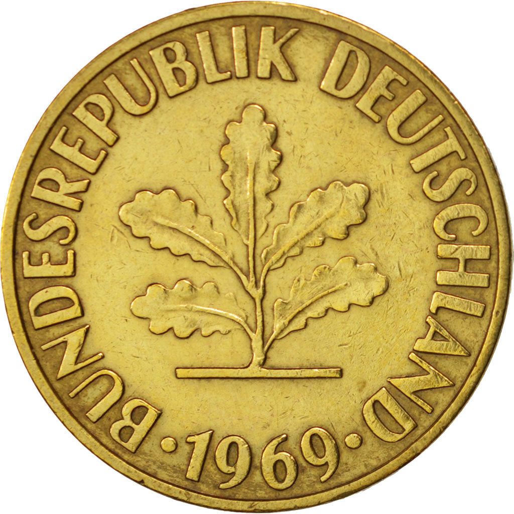 Coin, GERMANY - FEDERAL REPUBLIC, 10 Pfennig, 1969, Karlsruhe, EF(40-45), Brass