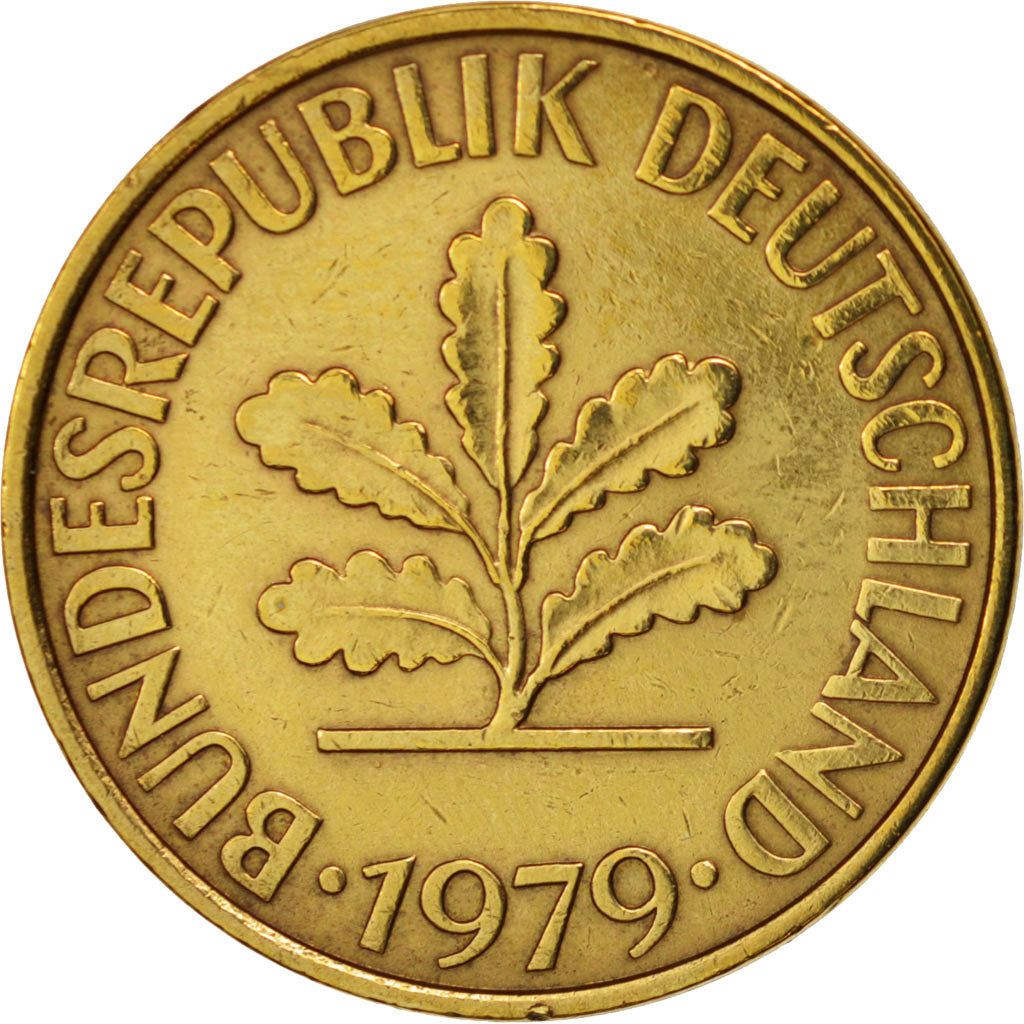 Moneda, ALEMANIA - REPÚBLICA FEDERAL, 10 Pfennig, 1979, Karlsruhe, MBC, Latón