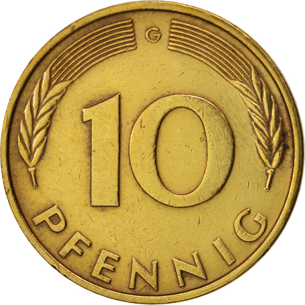 Moneda, ALEMANIA - REPÚBLICA FEDERAL, 10 Pfennig, 1979, Karlsruhe, MBC, Latón