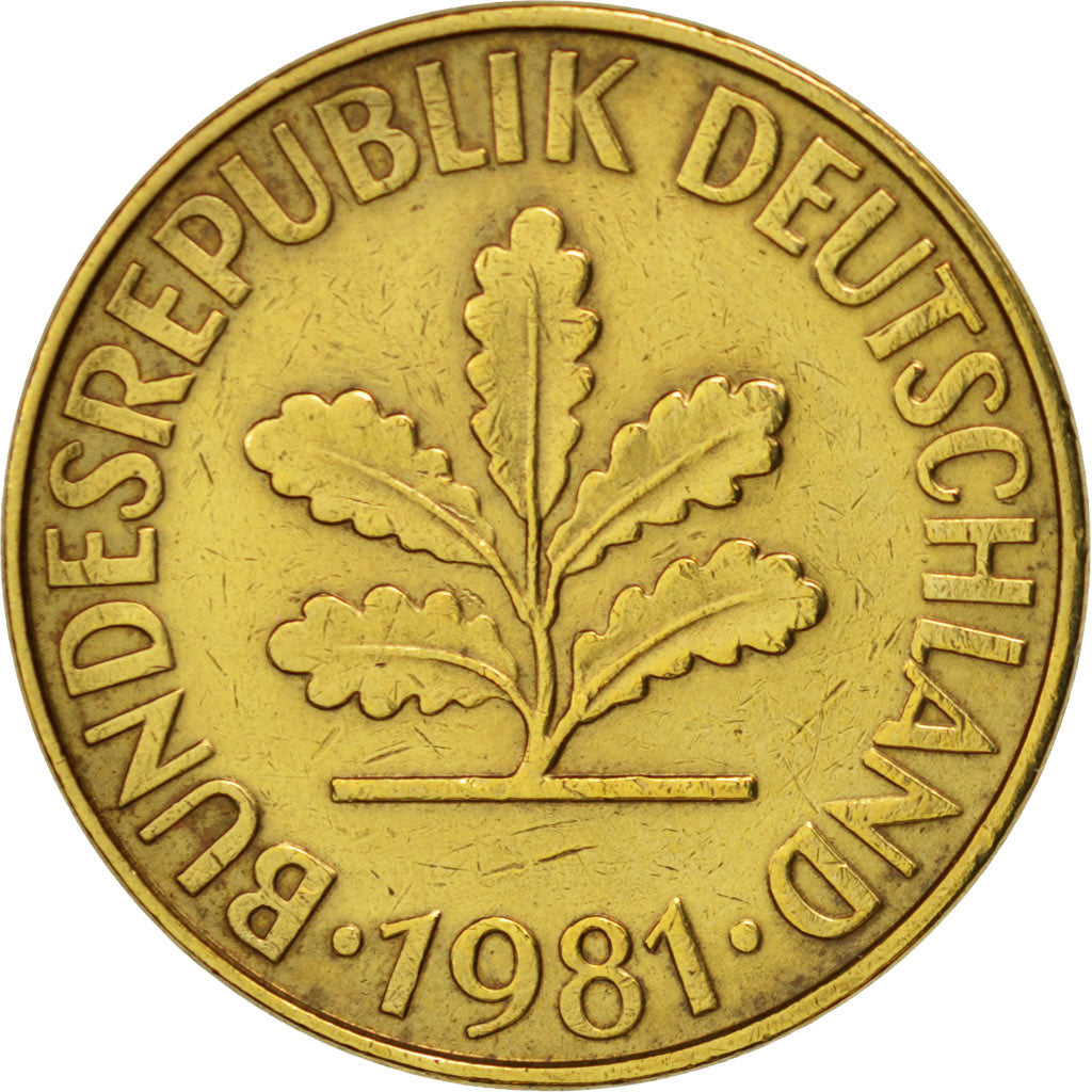 Coin, GERMANY - FEDERAL REPUBLIC, 10 Pfennig, 1981, Stuttgart, EF(40-45), Brass