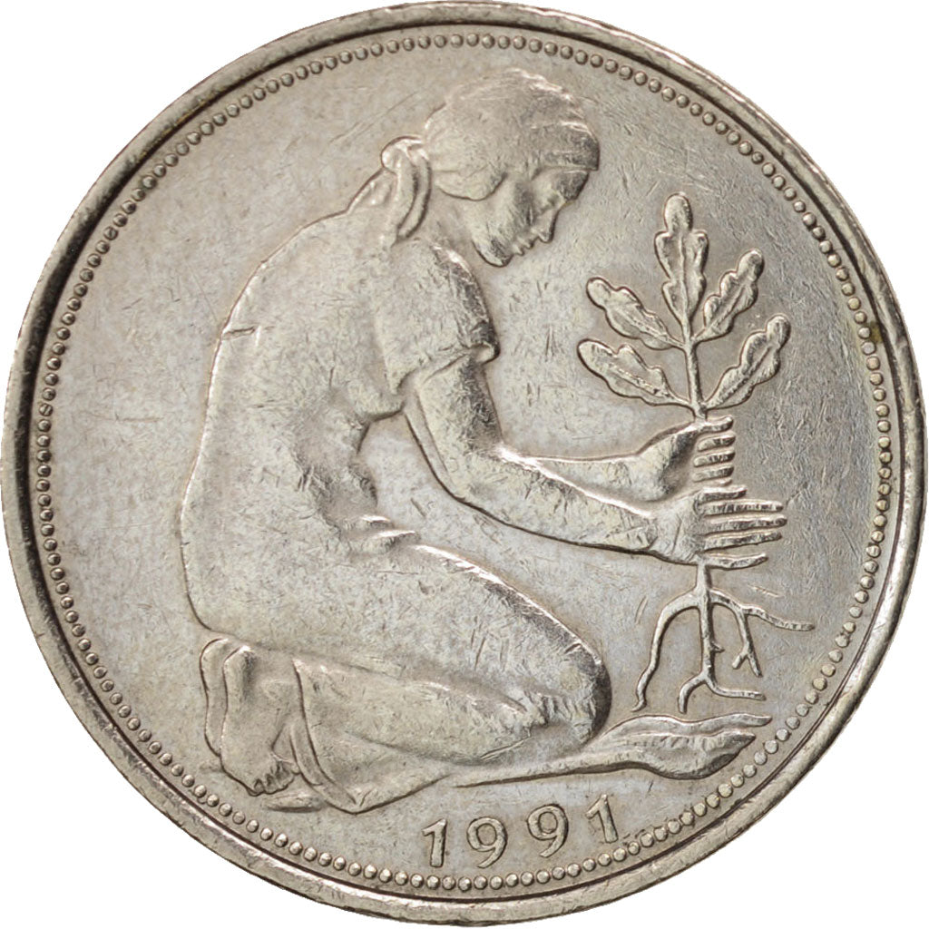 Coin, GERMANY - FEDERAL REPUBLIC, 50 Pfennig, 1991, Hamburg, EF(40-45)