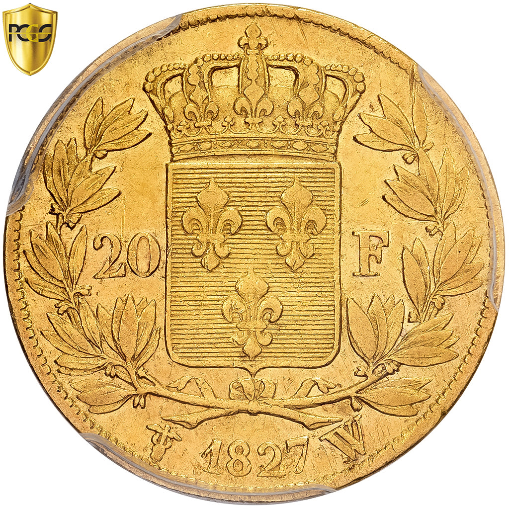 France, Charles X, 20 Francs, 1827, Lille, Gold, PCGS, XF45, Gadoury:1029