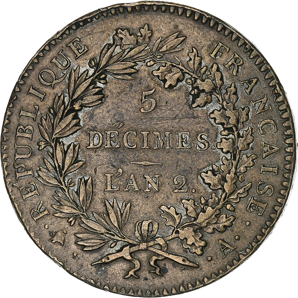 France, Convention, 5 Décimes, 1793 / An 2, Paris, Bronze, EF(40-45)