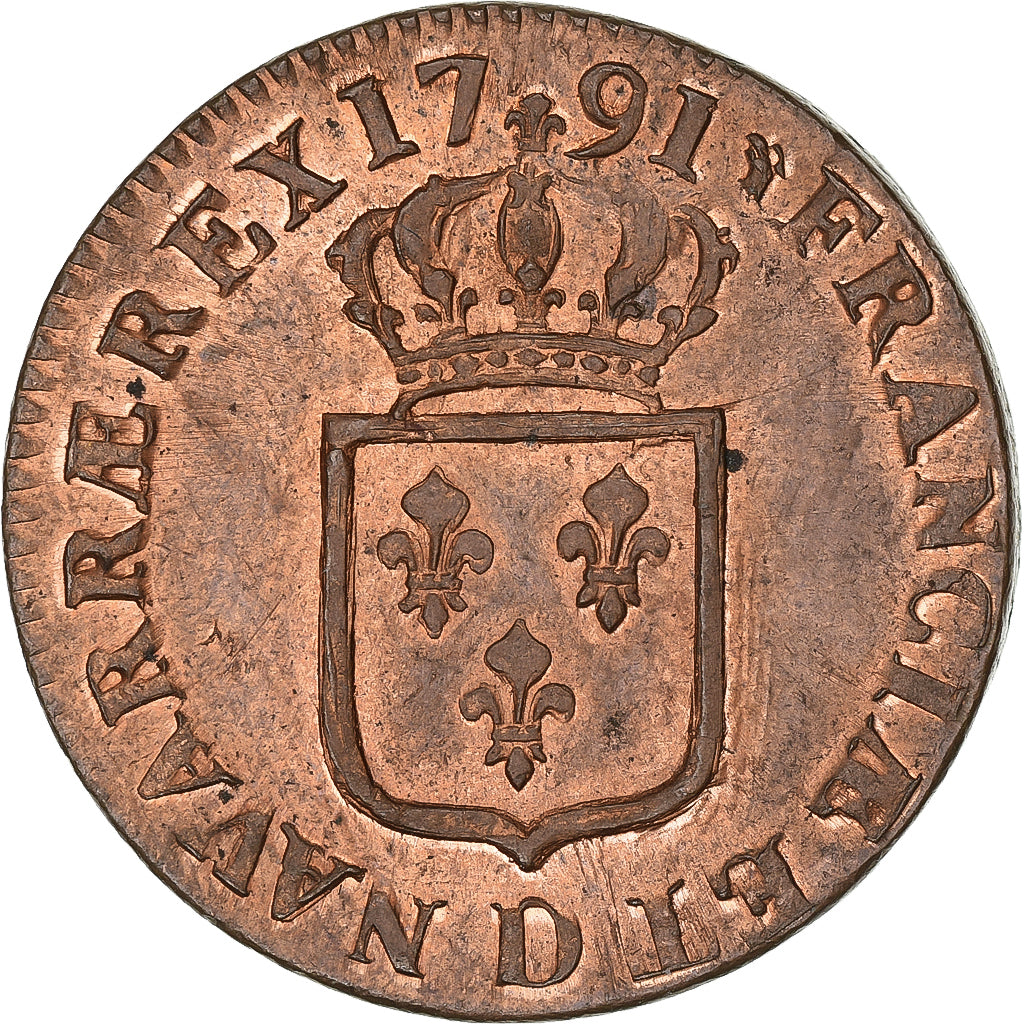 Francja, Louis XVI, Sol, 1791, Lyon, Miedź, AU(55-58), Gadoury:350