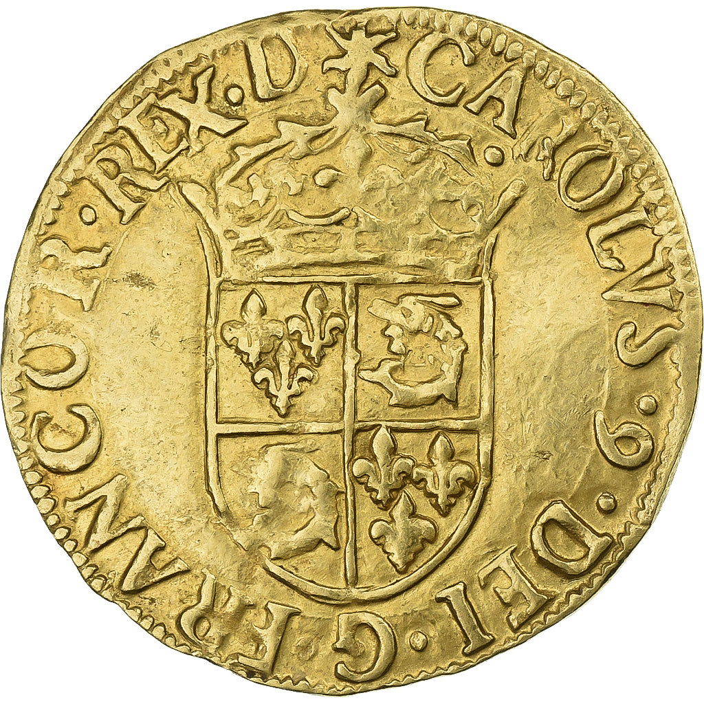 France, Charles IX, Ecu d'or au soleil du Dauphiné, 1566, Grenoble, Gold