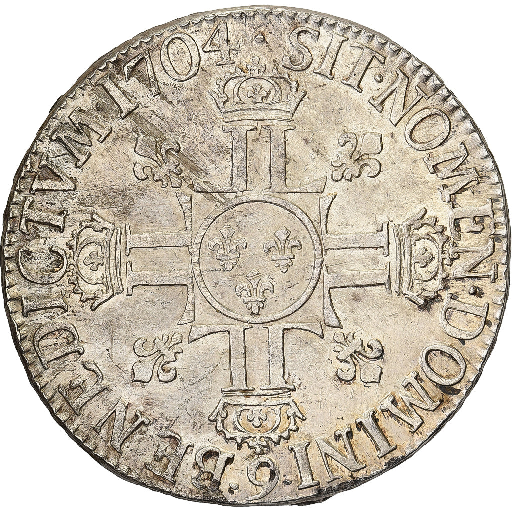 France, Louis XIV, Ecu aux 8 L, 1704, Rennes, Silver, AU(55-58), Gadoury:224