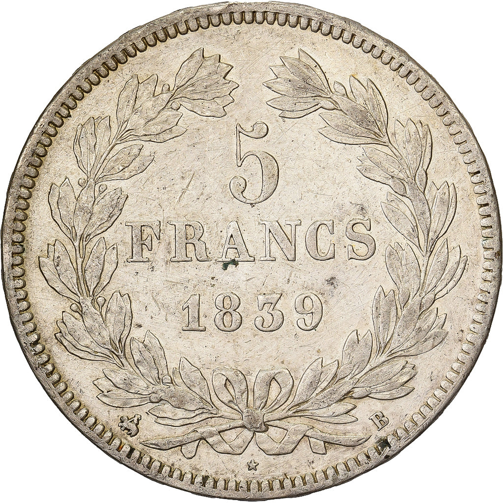França, Louis Philippe I, 5 Francs, 1839, Rouen, Prata, AU(50-53), Gadoury:677a