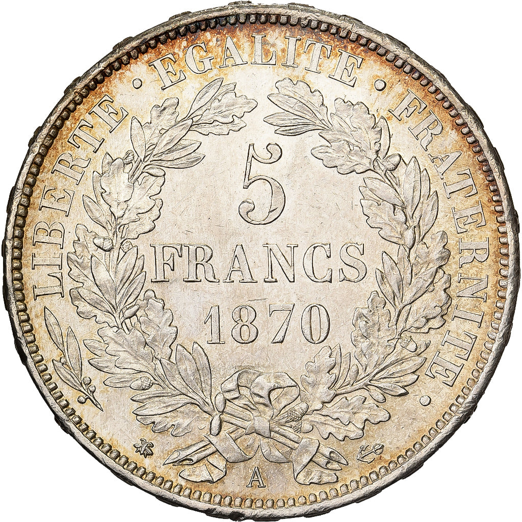 França, 5 Francs, Cérès, 1870, Paris, Prata, MS(60-62), Gadoury:743