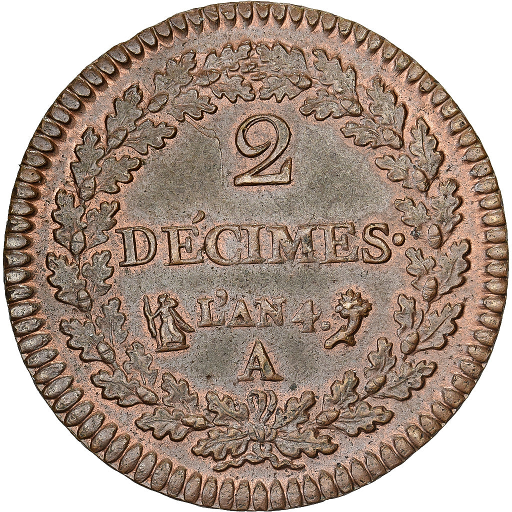 France, 2 Décimes, Dupré, AN 4, Paris, Cuivre, SUP, Gadoury:300