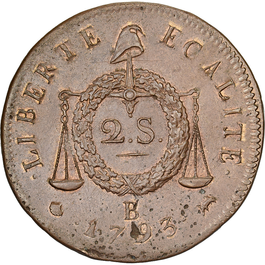 France, 2 sols à la Balance, 1793 / AN II, Rouen, Refrappe, Cuivre, SUP