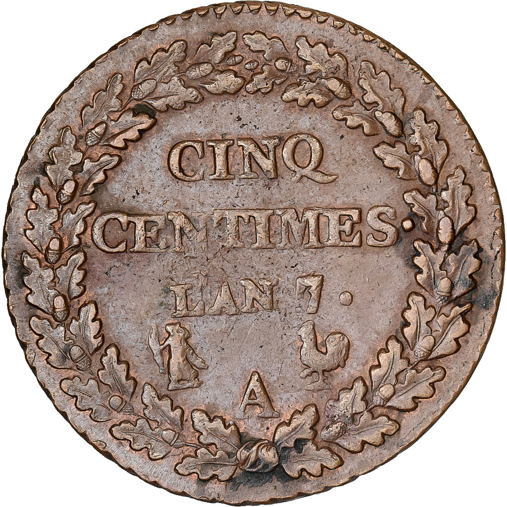 France, 5 Centimes, Dupré, AN 7, Paris, Copper, AU(50-53), Gadoury:126