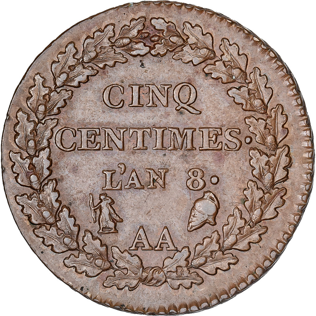 France, 5 Centimes, Dupré, AN 8, Metz, Copper, AU(55-58), Gadoury:126a