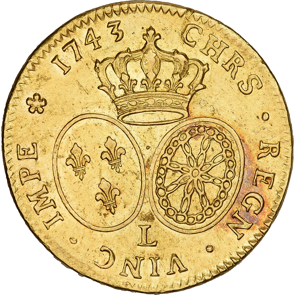 France, Louis XV, Double Louis d'or au bandeau, 1743, Bayonne, Gold, AU(50-53)