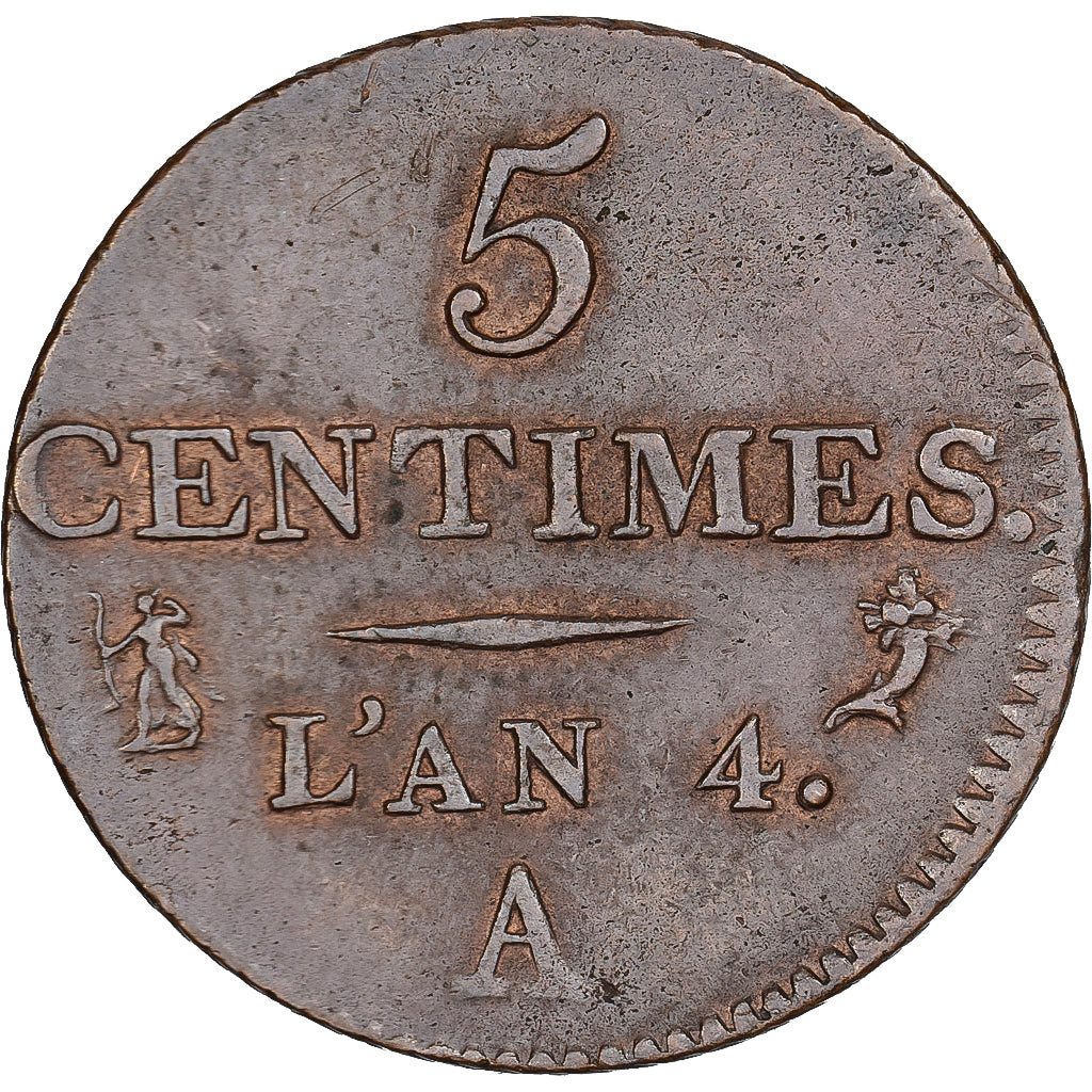 France, 5 Centimes, Dupré, AN 4, Paris, Small module, Copper, AU(50-53)