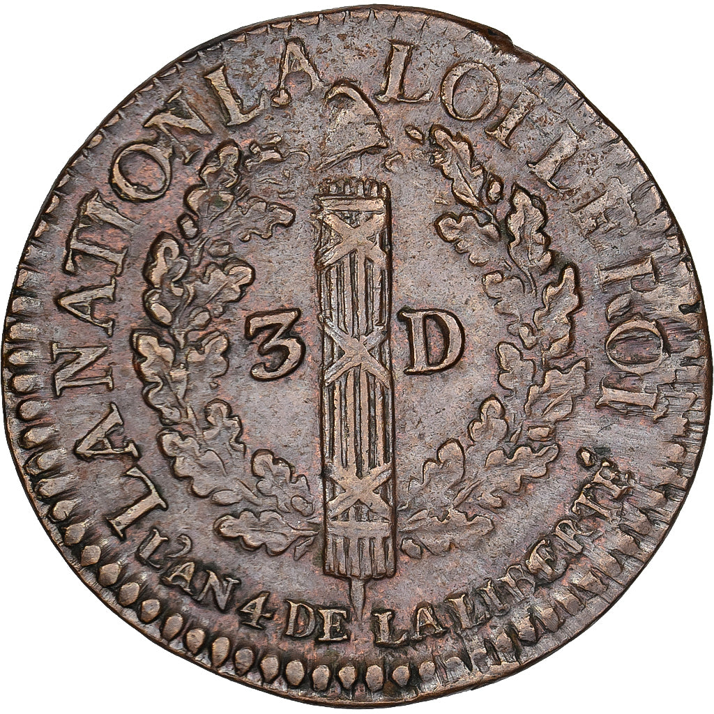 France, Louis XVI, 3 Deniers, 1792 / AN 4, Lyon, DL, Cuivre, SUP, Gadoury:5