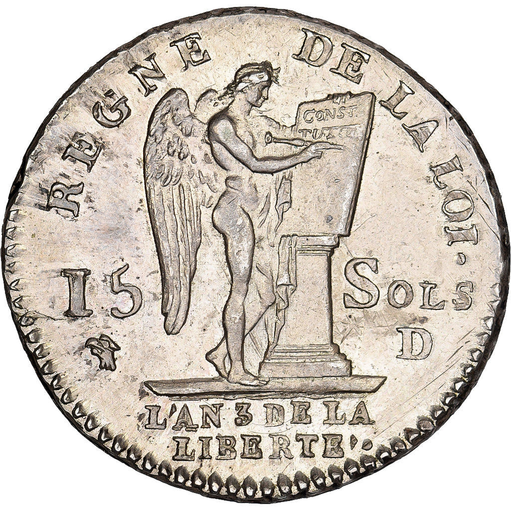 France, Louis XVI, 15 Sols, Génie, 1791 / AN 3, Lyon, 2è semestre, Argent