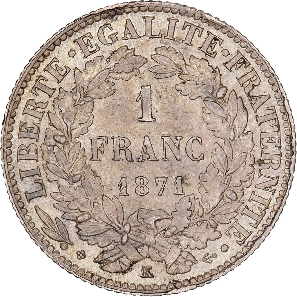 France, 1 Franc, Cérès, 1871, Bordeaux, Silver, AU(55-58), Gadoury:465