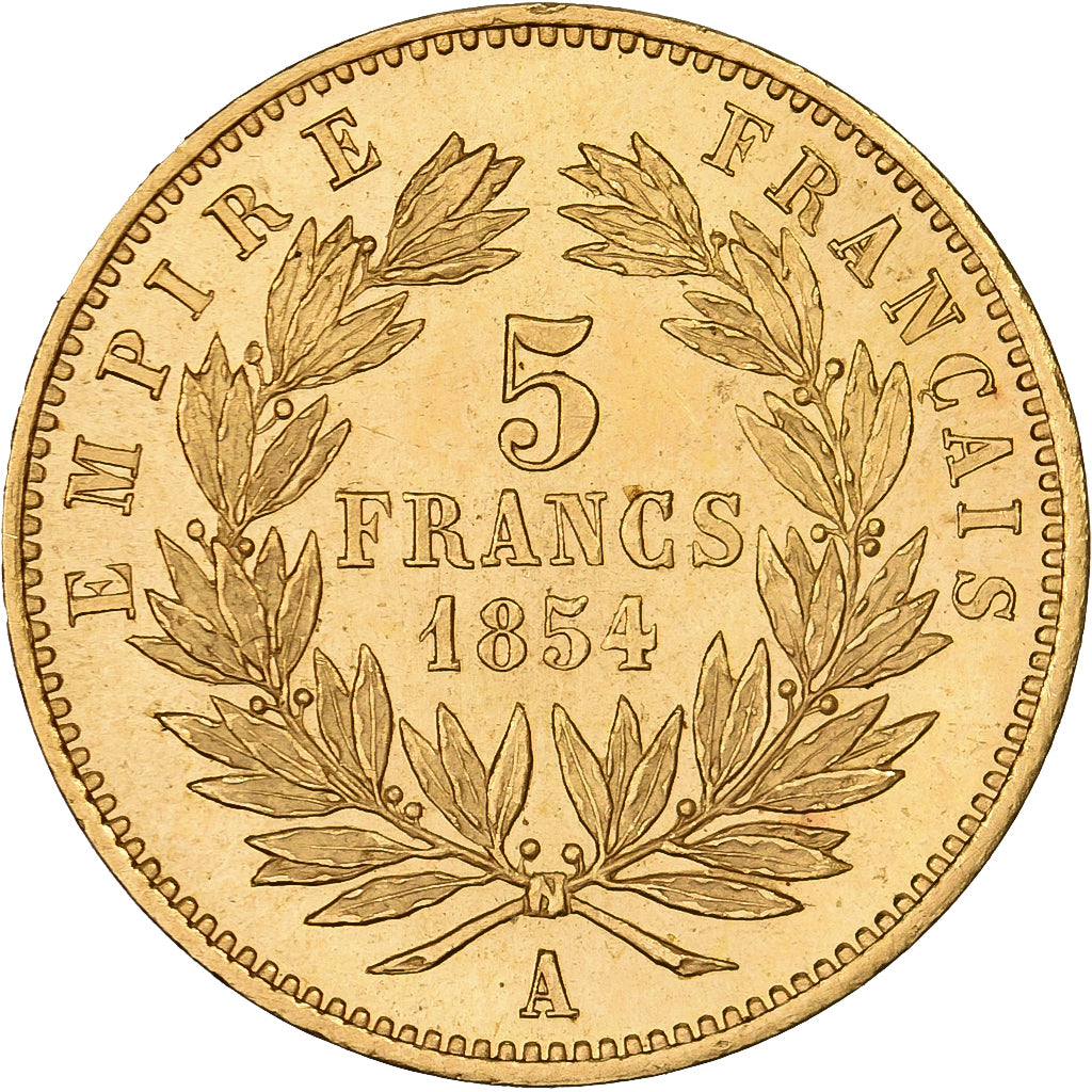 Frankreich, Napoleon III, 5 Francs, 1854, Paris, tranche lisse, Gold, VZ+