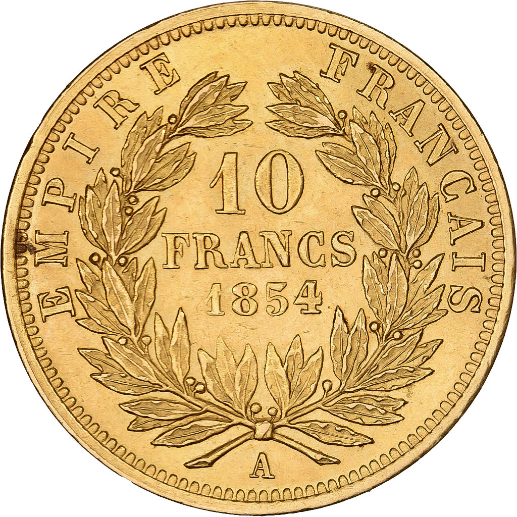 Francja, Napoleon III, 10 Francs, 1854, Paris, tranche lisse, Złoto, AU(55-58)