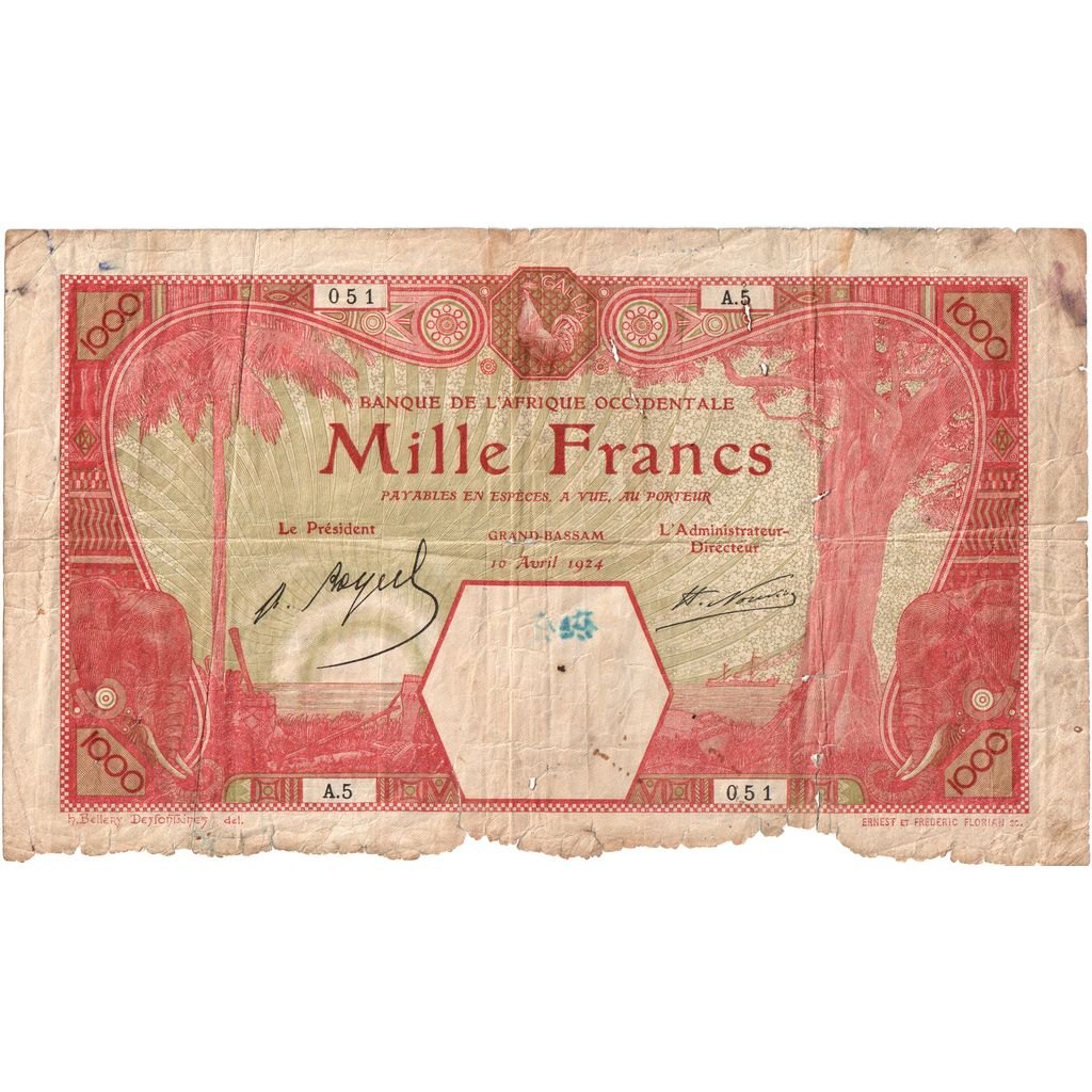 África oriental francesa, 1000 Francs, 1924-04-10, Grand-Bassam, RC+