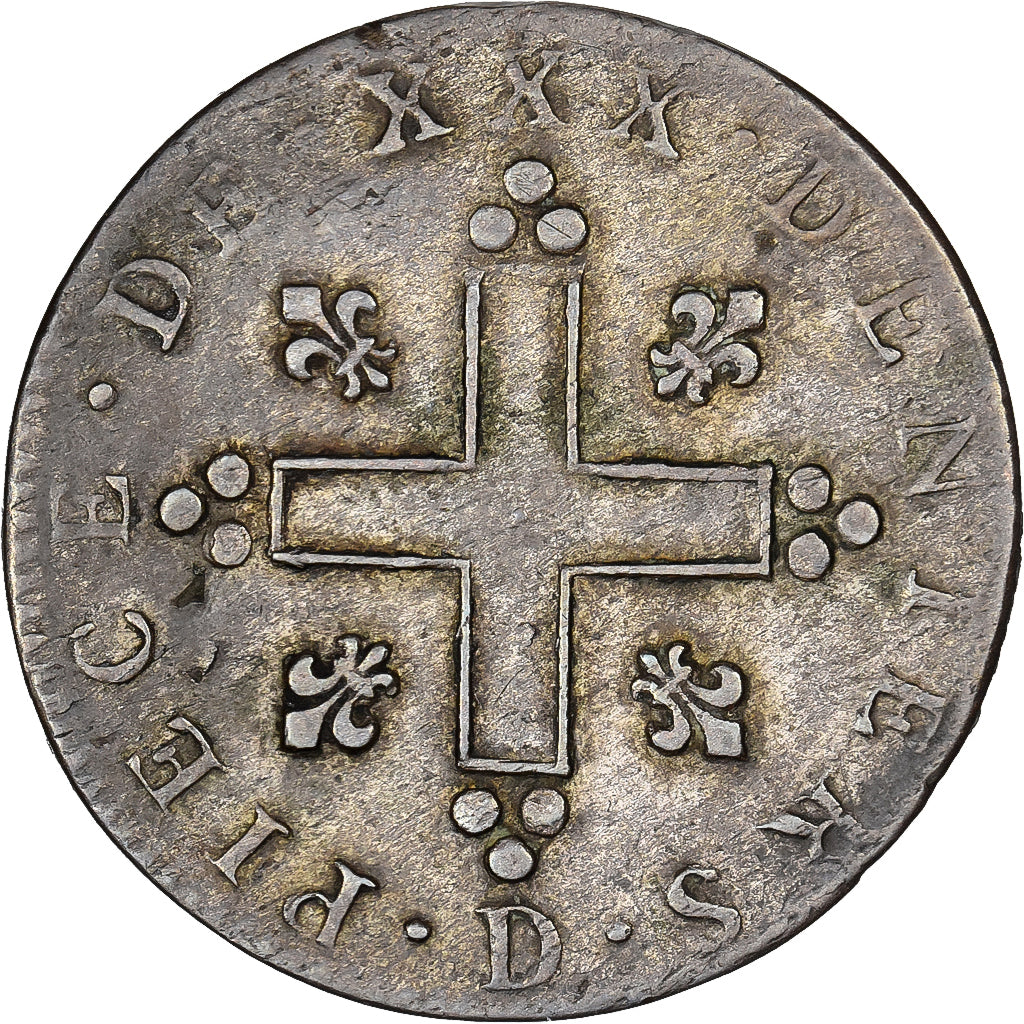 Francia, Louis XIV, 30 Deniers, 1710, Lyon, Vellón, MBC