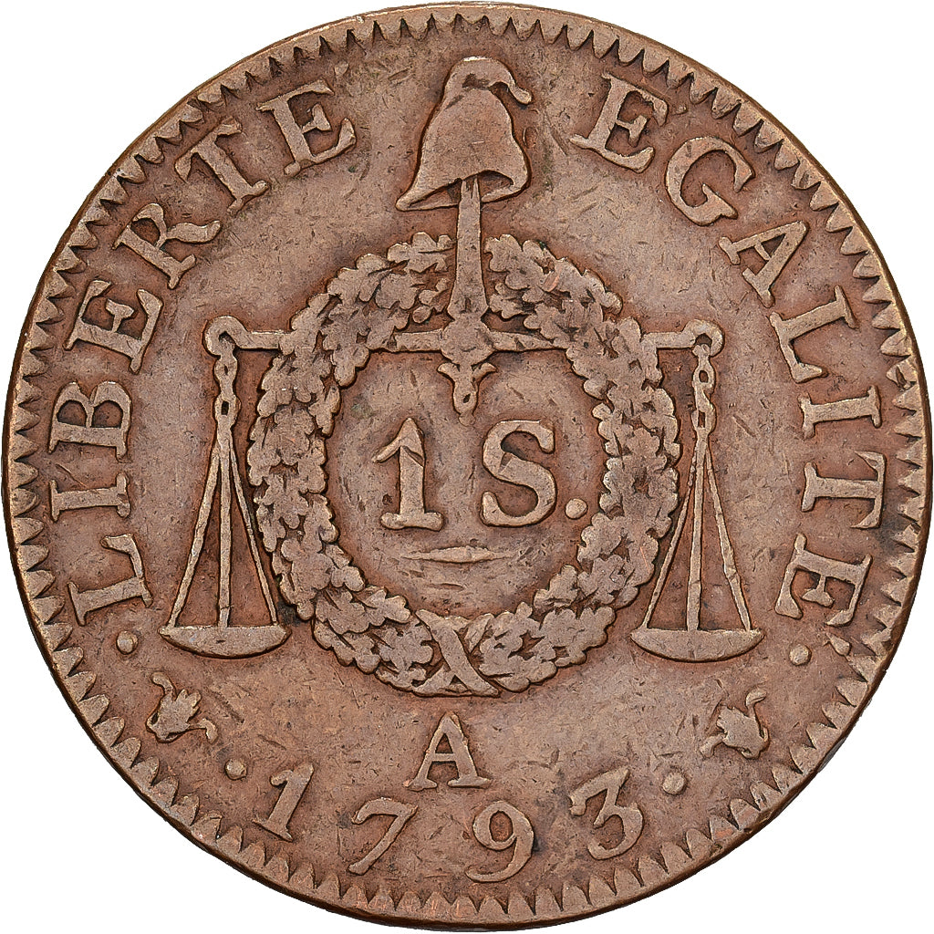 France, Sol aux Balances, 1793 / AN II, Paris, Essai, Cuivre, TTB, Gadoury:20