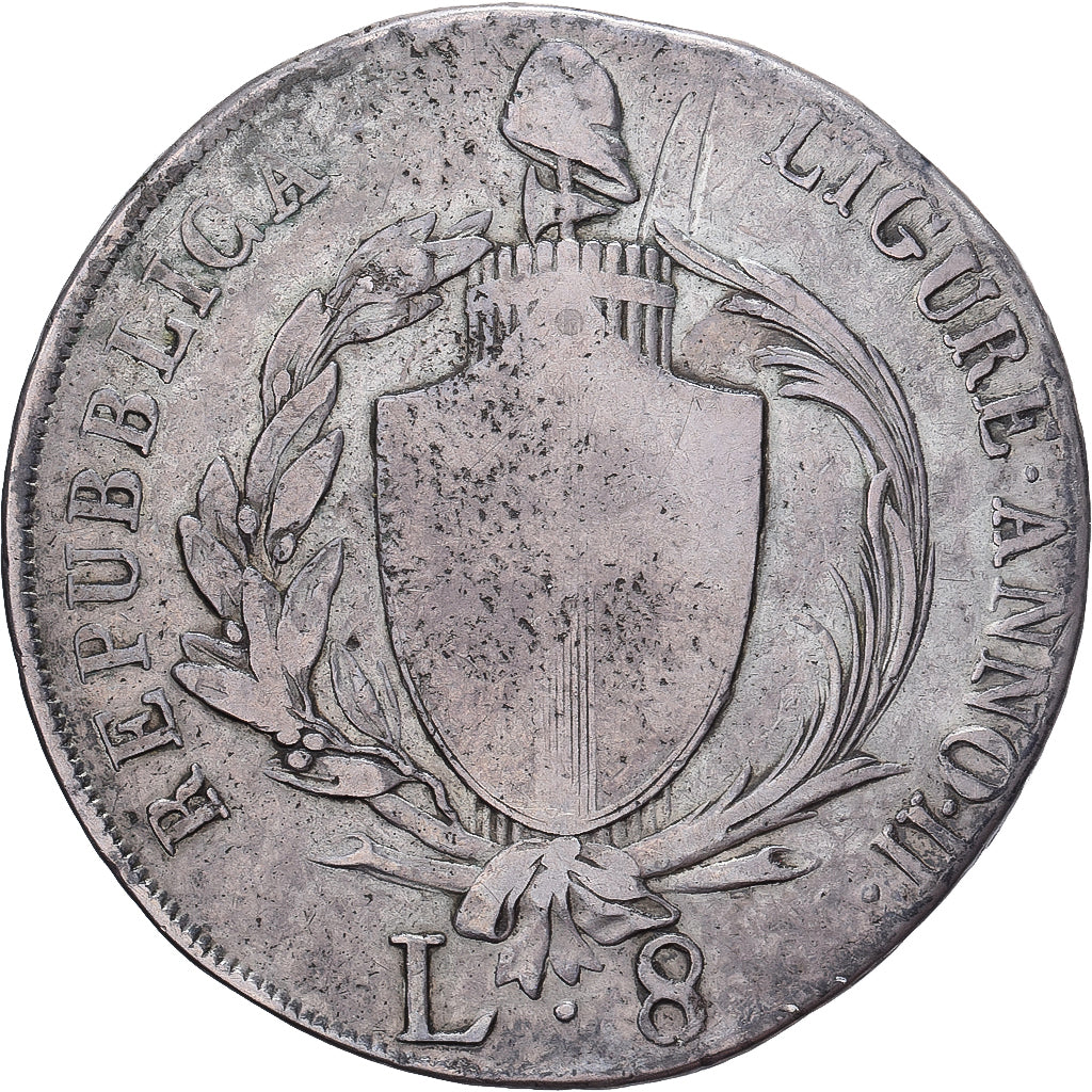 Ligurian Republic, 8 Lire, 1799, Genoa, Silver, VF(20-25), KM:266.1