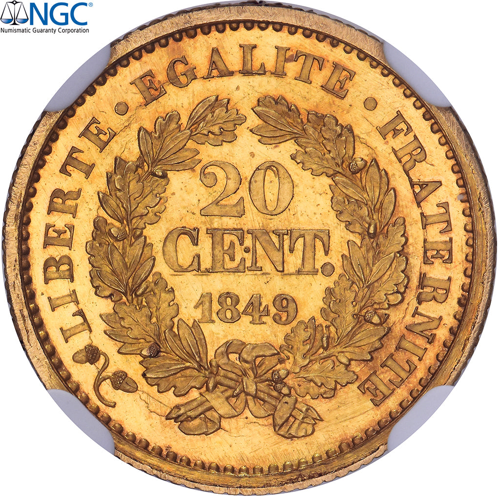 France, 20 Centimes, 1849, Paris, Pattern, Pedigree, Gold, NGC, PF65 CAMEO