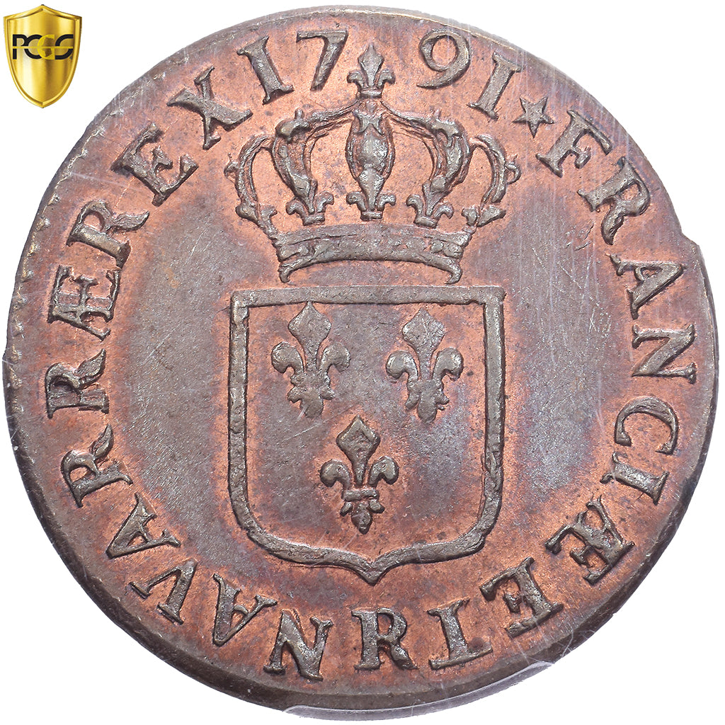 França, Louis XVI, 1 Sol, 1791, Orléans, Cobre, PCGS, MS65BN, Gadoury:350