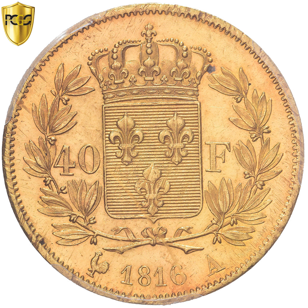 Francia, Louis XVIII, 40 Francs, 1816, Paris, Oro, PCGS, MS63, Gadoury:1092