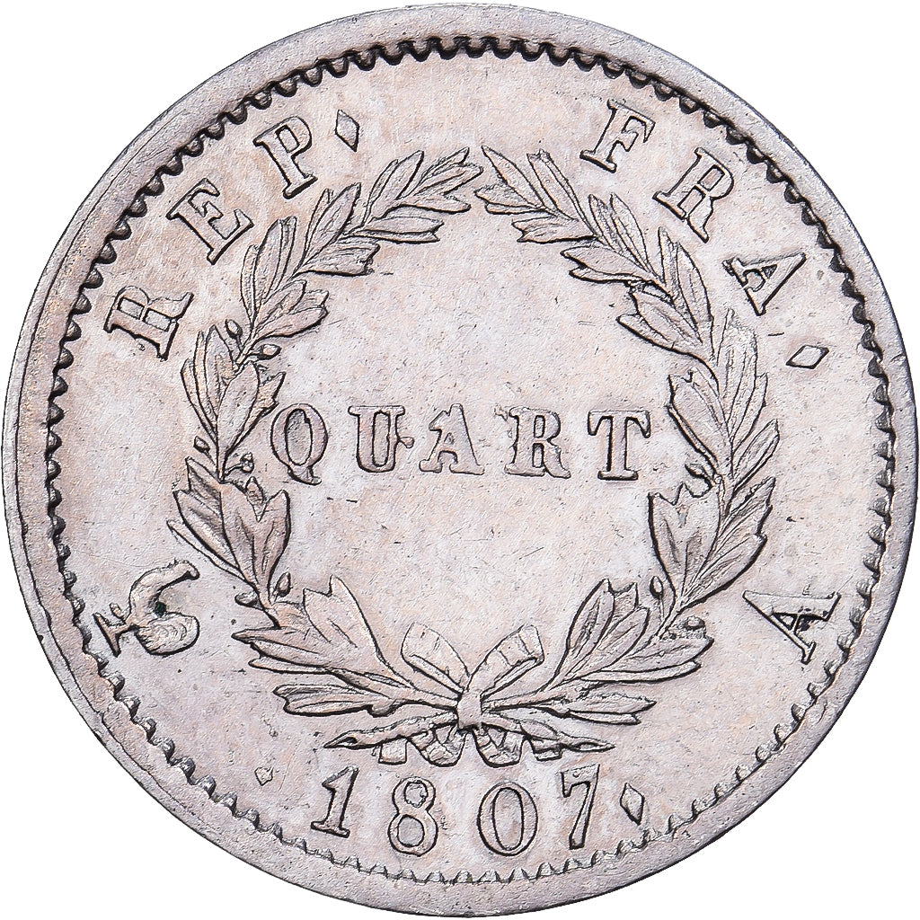 França, Napoleon I, Quart, 1807, Paris, Prata, AU(50-53), Gadoury:348