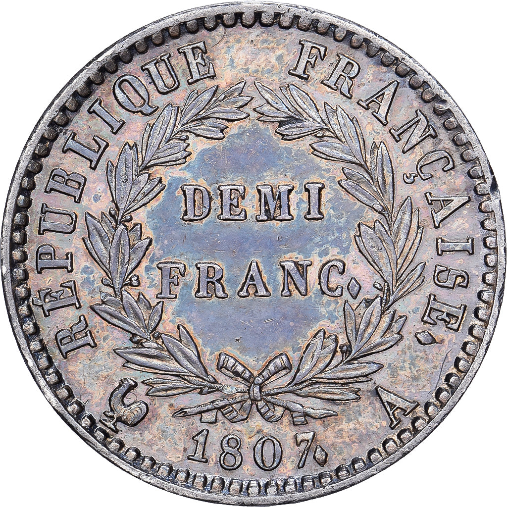 France, Napoleon I, Demi Franc, 1807, Paris, Silver, AU(55-58), Gadoury:397