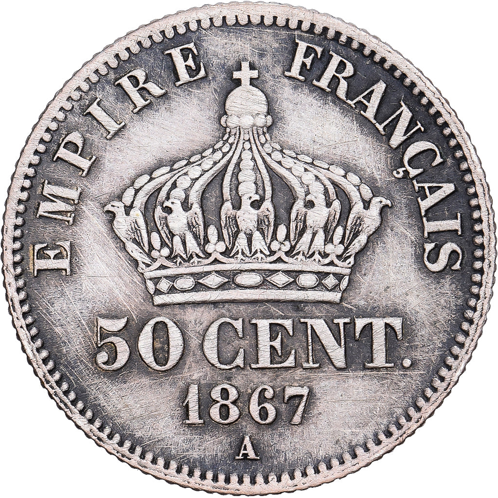França, Napoleon III, 50 Centimes, 1867, Paris, Prata, AU(50-53), Gadoury:417