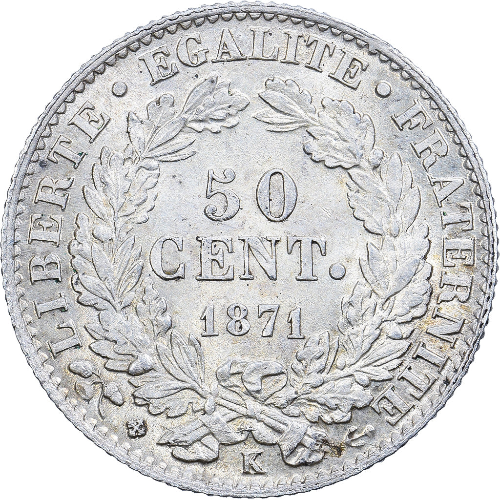 Frankrijk, 50 Centimes, Cérès, 1871, Bordeaux, Zilver, PR, Gadoury:419
