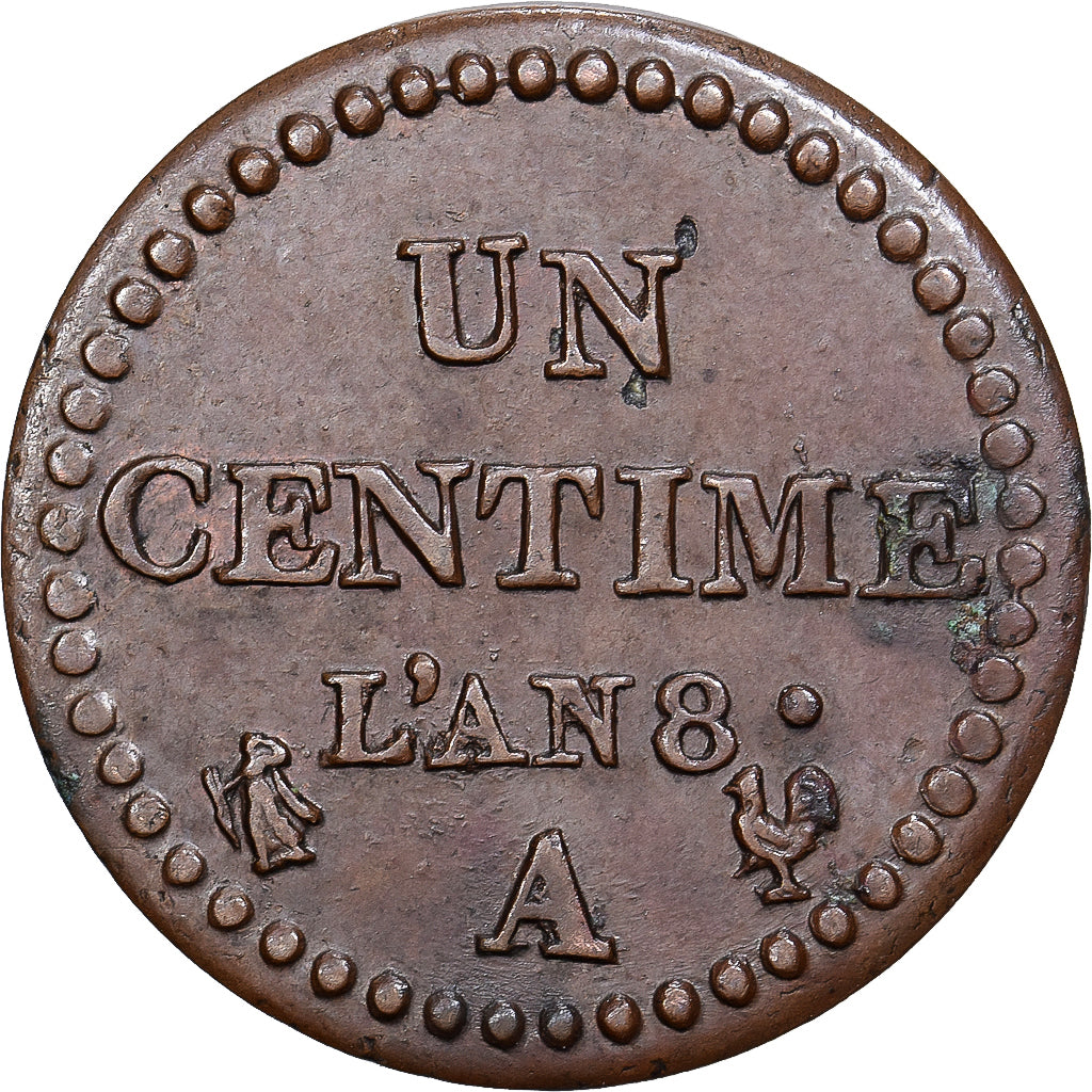 França, 1 Centime, Dupré, AN 8, Paris, Cobre, AU(55-58), Gadoury:76a