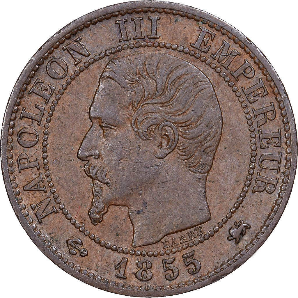 França, Napoleon III, 1 Centime, 1855, Lyon, ancre, Bronze, AU(50-53)