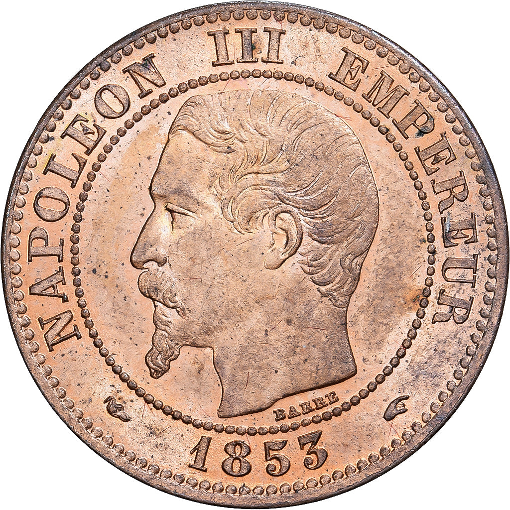 França, Napoleon III, 2 Centimes, 1853, Paris, Bronze, MS(63), Gadoury:103