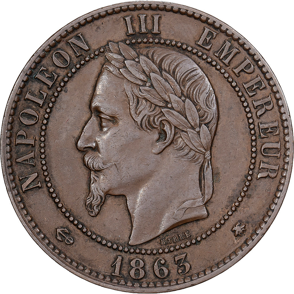 Francia, Napoleon III, 10 Centimes, 1863, Paris, Bronzo, SPL-, Gadoury:253