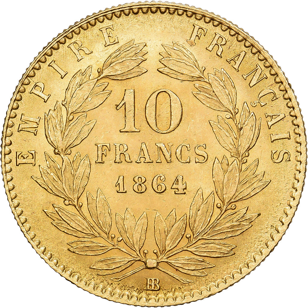 França, Napoleon III, 10 Francs, 1864, Strasbourg, Dourado, AU(55-58)